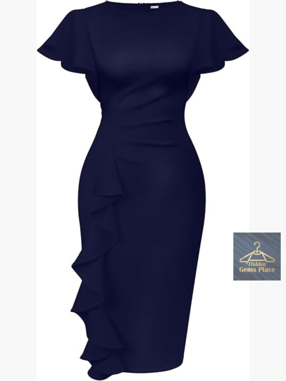 Vintage Ruffle Sleeve Ruched Bodycon Work Midi Pencil Dress